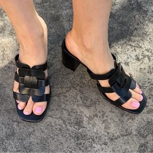 NWOT H&M Black Woven Slide Sandals Block Heel EU39 US8 Hermes Style